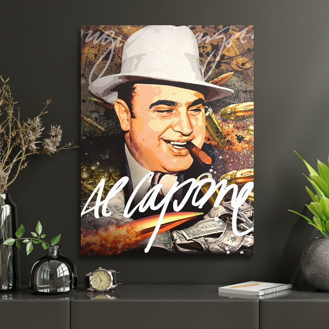 Motivational pop art wall art with an Al Capone portrait, cigar, bullets and dollar bills