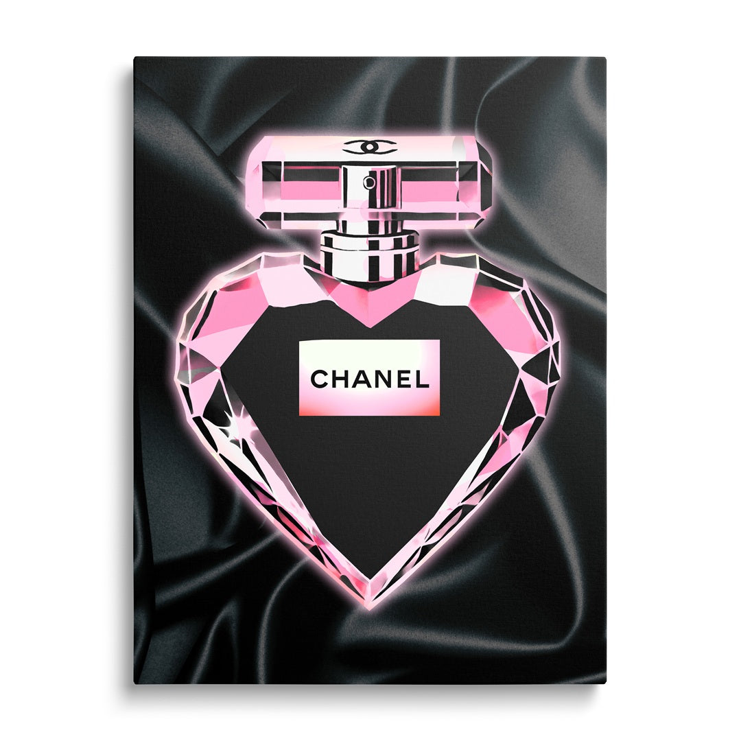 Motivational canvas wall art with a Chanel crystal heart perfume bottle in a pink and black luxury design.