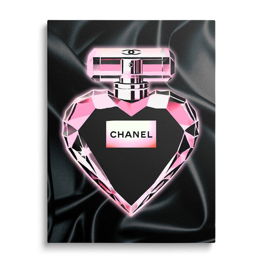 Motivational canvas wall art with a Chanel crystal heart perfume bottle in a pink and black luxury design.