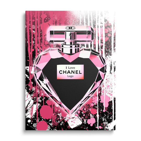 Pop art wall art with a pink heart-shaped perfume bottle and a motivational graffiti motif on the wall.