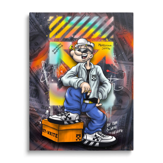 Motivational pop art canvas wall art with Popeye the Sailor in street art style, neon colors and a money motif.