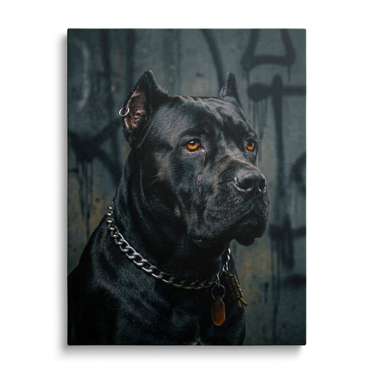 Motivational canvas wall art with a black pit bull portrait on a dark street art background