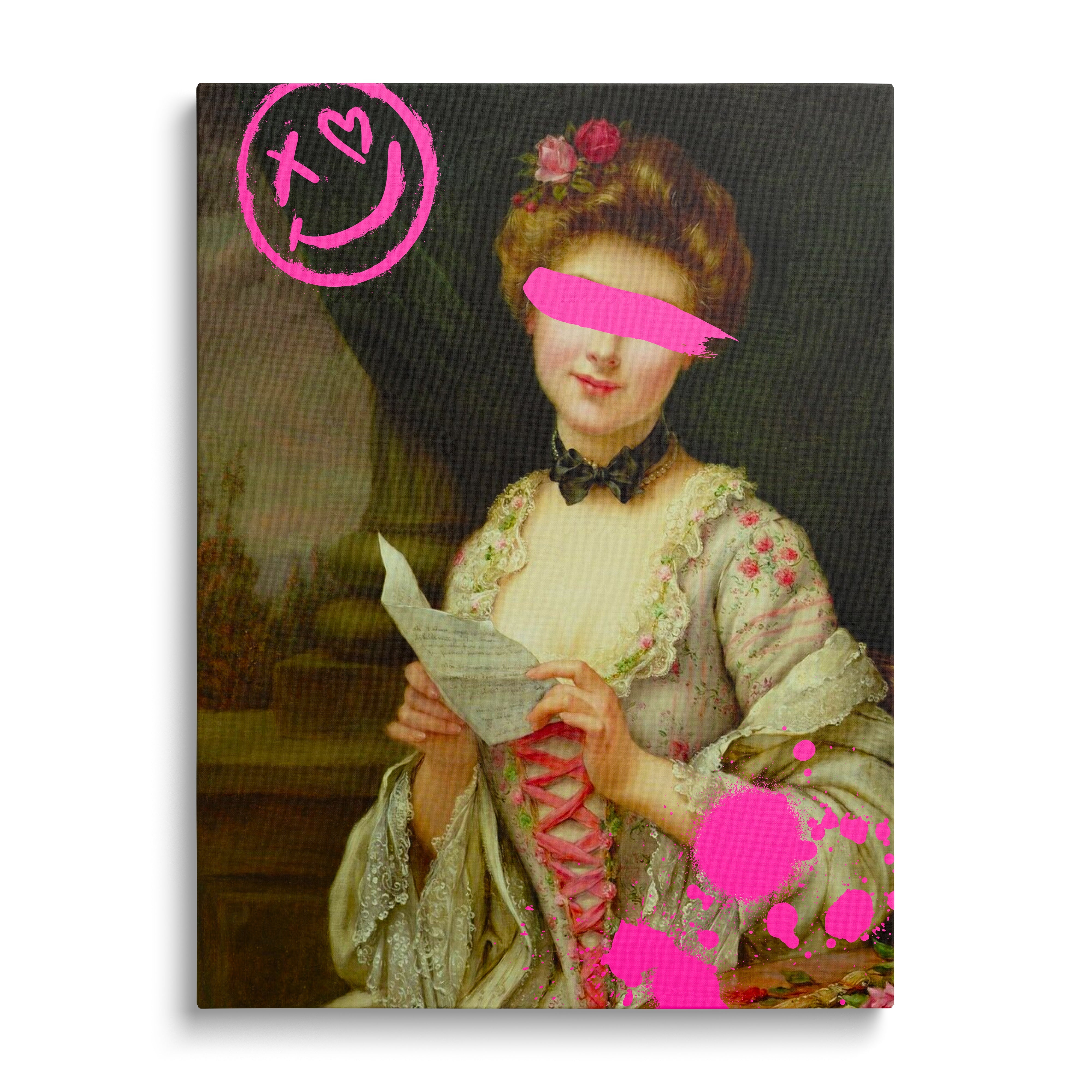 Pop art canvas wall art with a baroque lady reading a letter, pink graffiti spray effects and a yellow smiley
