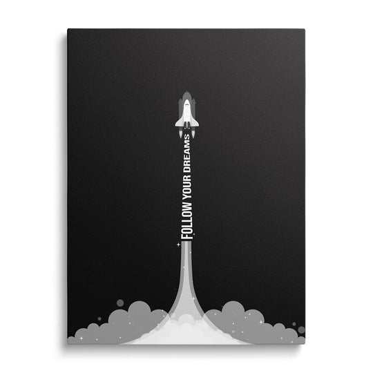 “Follow Your Dreams” motivational wall art with a rocket on a black background.