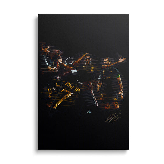 Modern canvas wall art with soccer players celebrating a goal, dynamic sports scene from the front