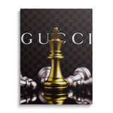 Motivational wall art with a royal chess piece and Gucci-style background.