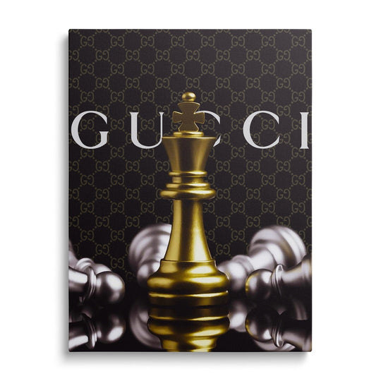 Motivational wall art with a royal chess piece and Gucci-style background.