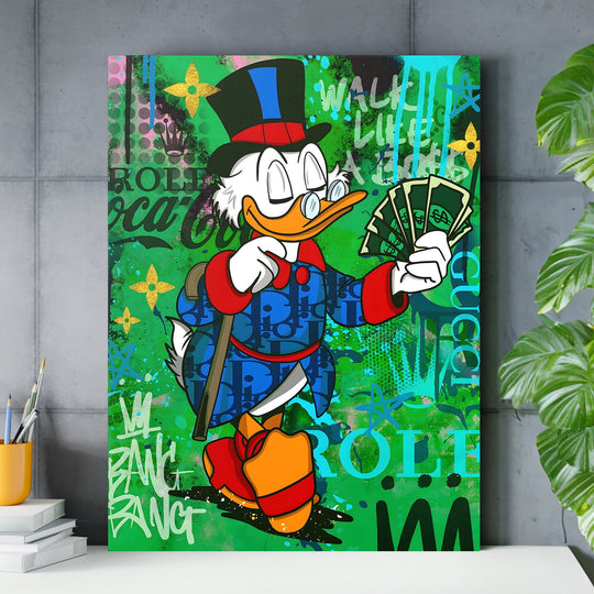 Motivational pop art canvas print with comic-style duck in a top hat and dollar bills on green graffiti background