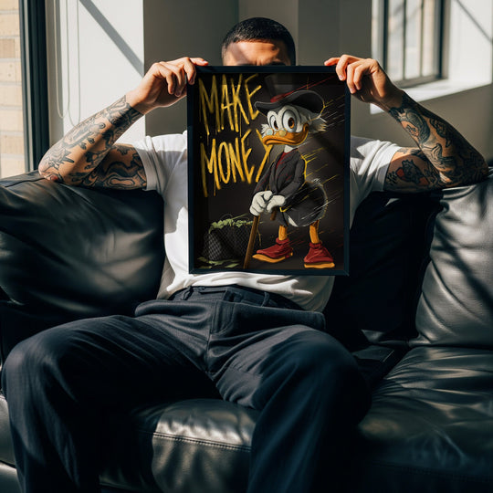 Motivational pop art canvas print with Scrooge McDuck, street art money and wealth motif