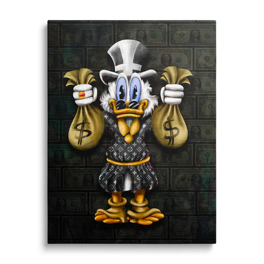 Motivational canvas wall art with Scrooge McDuck holding money bags.