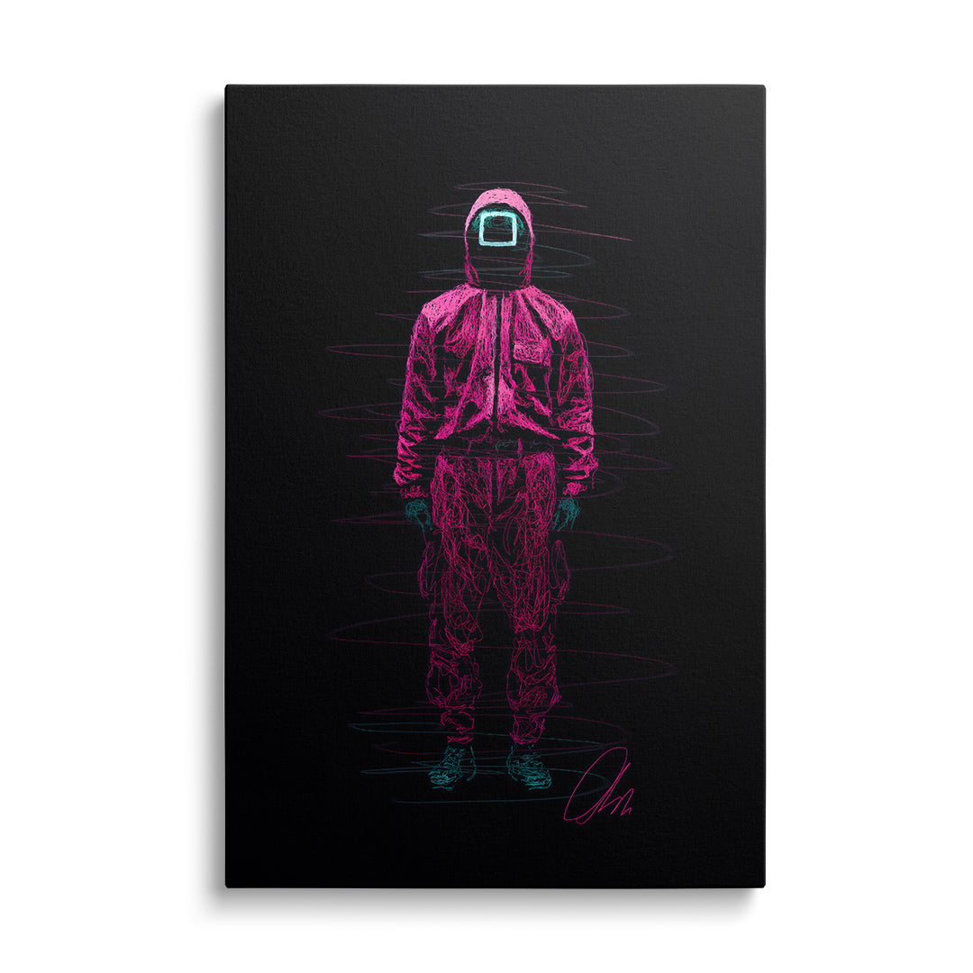 Pop art canvas wall art with a neon glitch portrait of a figure in a fuchsia suit and angular helmet, front view