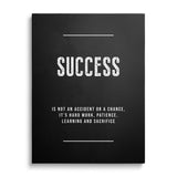 Front view of black and white motivational canvas print with a minimalist quote about success and hard work.
