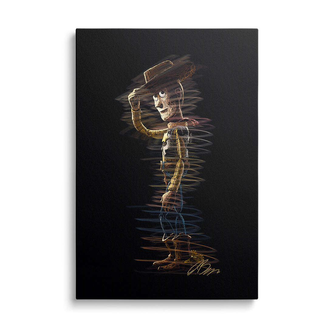Pop art canvas print with a neon cowboy in doodle style on a black background, front view
