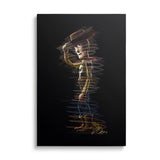 Pop art canvas print with a neon cowboy in doodle style on a black background, front view