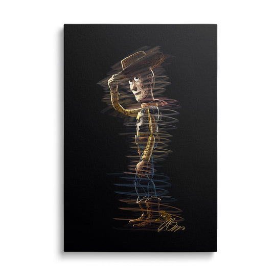 Pop art canvas print with a neon cowboy in doodle style on a black background, front view