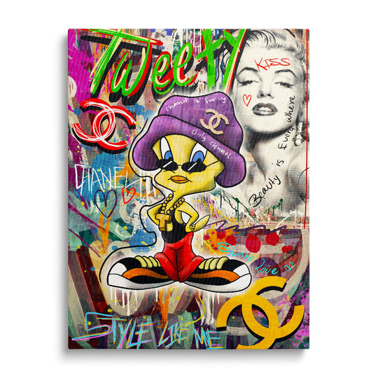 Pop art canvas print with Tweety in a Chanel hat and Marilyn Monroe in front of a colorful graffiti background