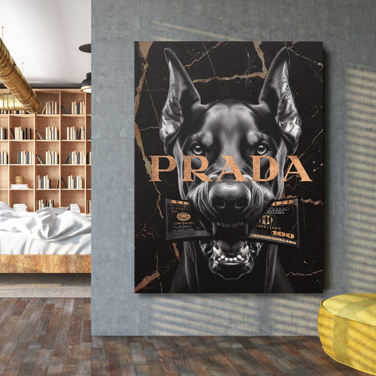 Luxury wall art with portrait of black Doberman biting a dollar bill and gold text PRADA in lifestyle arrangement
