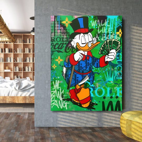 Pop art canvas print with graffiti duck holding money on green background, modern motivational wall art