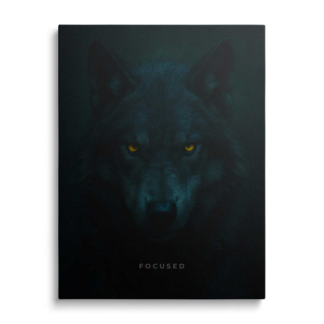Motivational canvas wall art with a dark front-facing wolf face and short Focused text in a minimalist design.