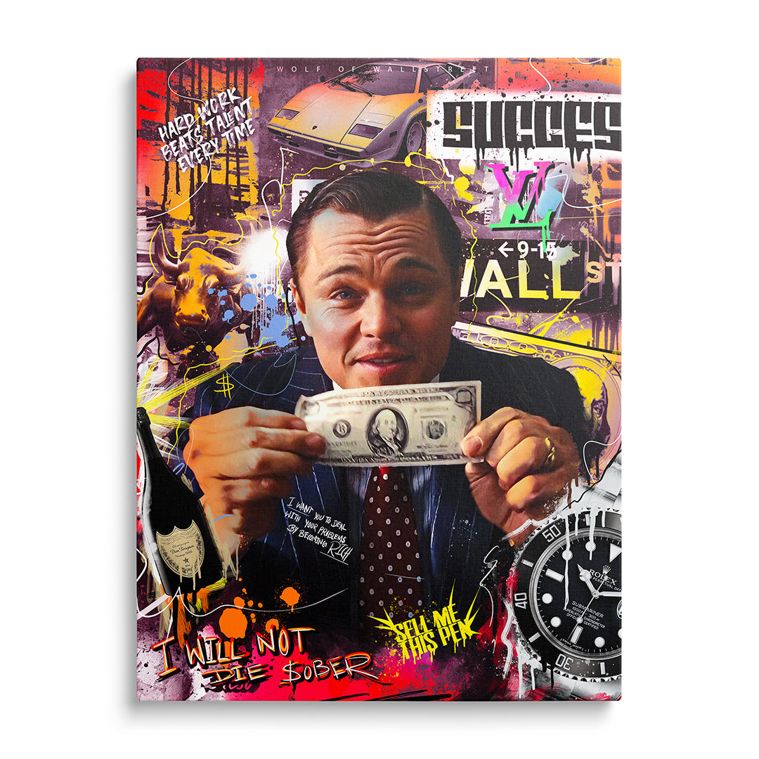 Front view of Wolf of Wall Street motivational wall art with a money theme and hustle mindset