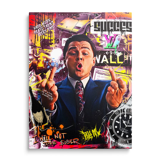 Front view of Wolf of Wall Street motivational wall art with a Rolex motif and hustle mindset theme
