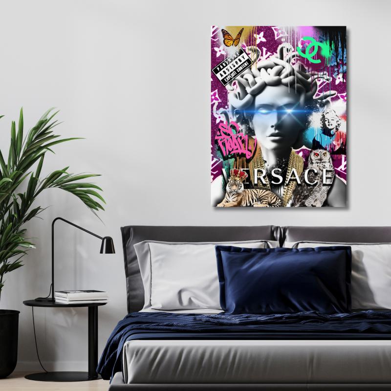 Pop art bedroom wall art with Medusa, neon eyes, tiger, owl and graffiti details.