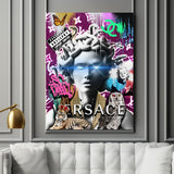 Pop art motivational wall art with Medusa, neon effects and Versace-style logo in an elegant interior.