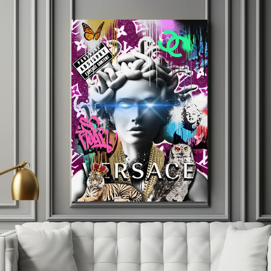 Pop art motivational wall art with Medusa, neon effects and Versace-style logo in an elegant interior.