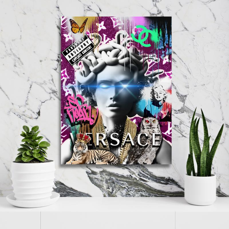 Motivational pop art office wall art with Medusa, graffiti, tiger and neon Versace-style logo on marble.