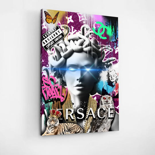 Luxury pop art canvas wall art with Medusa, graffiti theme, gold chains, tiger and owl.