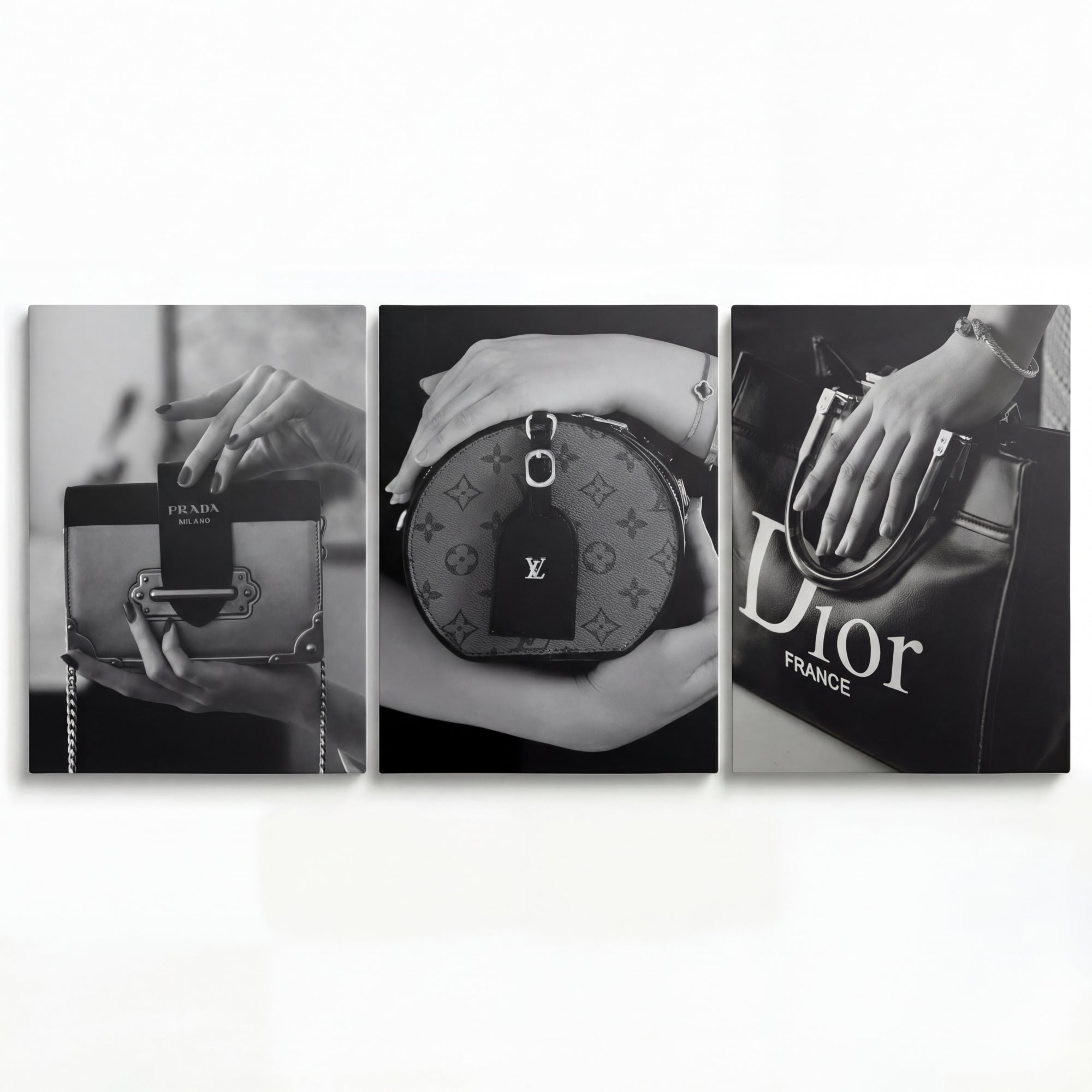 Modern wall art with black-and-white photos of luxury Prada, Louis Vuitton and Dior handbags