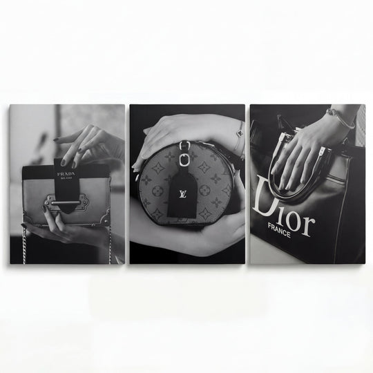 Modern wall art with black-and-white photos of luxury Prada, Louis Vuitton and Dior handbags