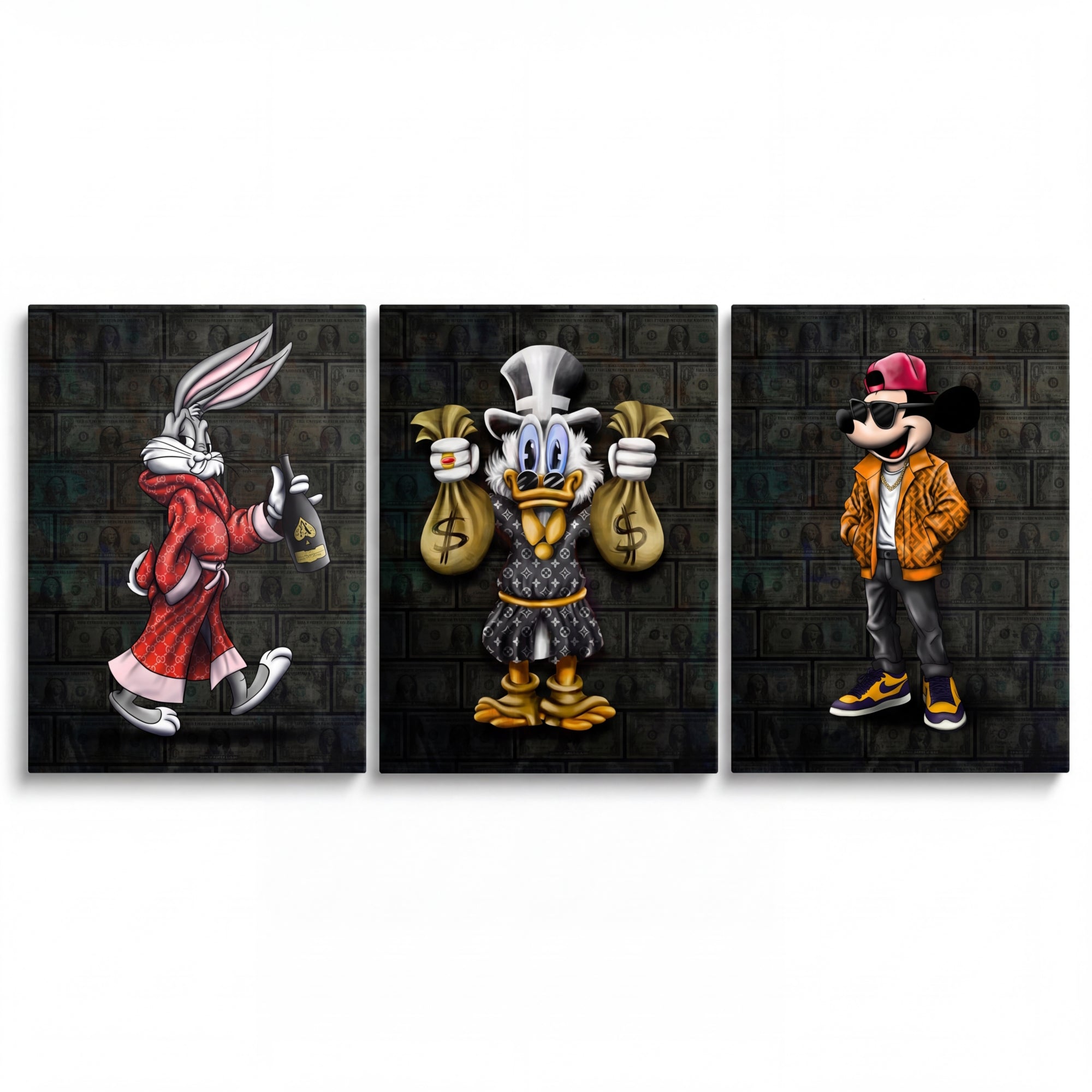 Motivational canvas wall art with Bugs in a luxury robe, Scrooge with a money bag and streetwear Mickey in pop art style