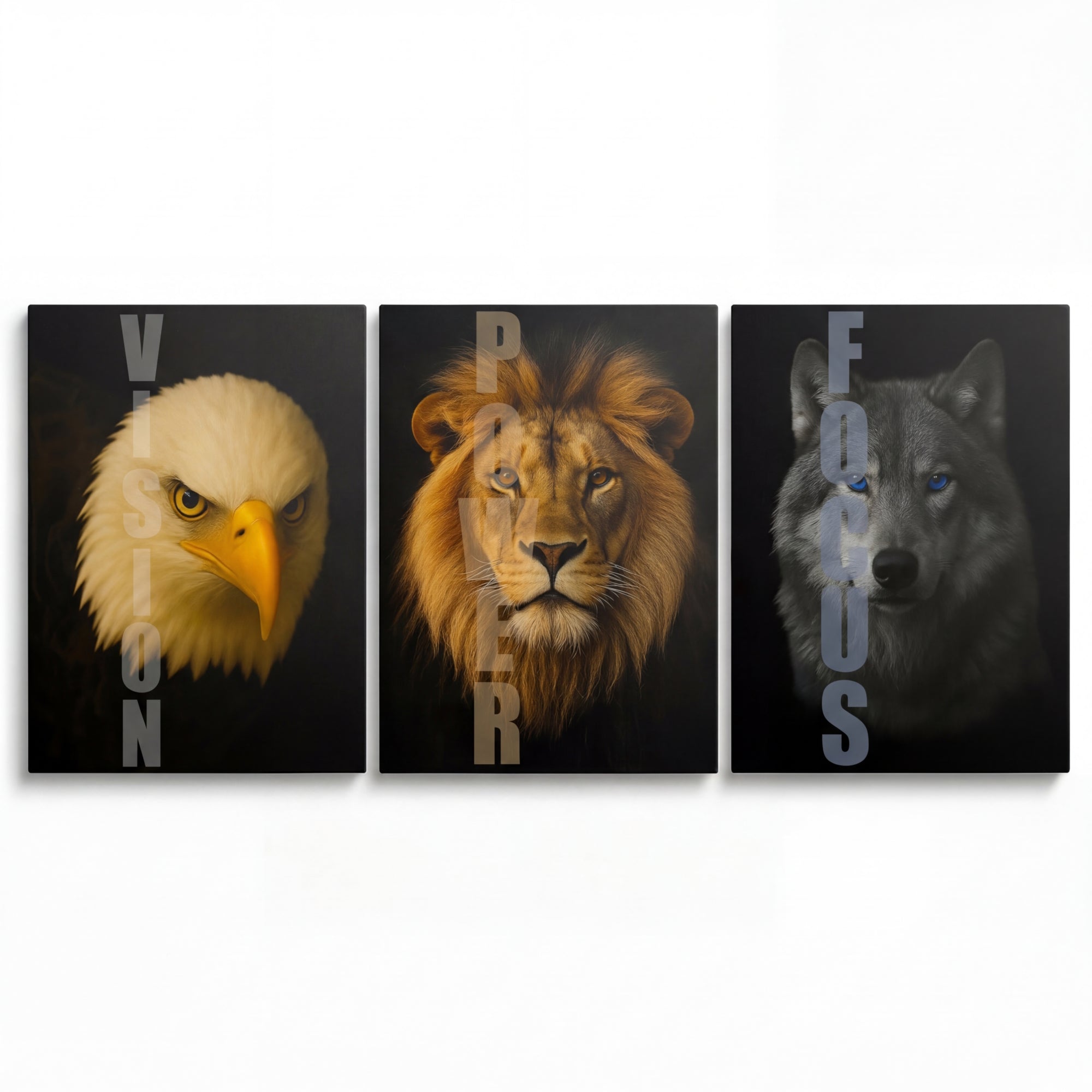 Motivational wall art with animal portraits of an eagle, lion and wolf with the words Vision, Power and Focus
