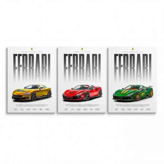 Motivational canvas print with three Ferrari sports cars from the front on a white background