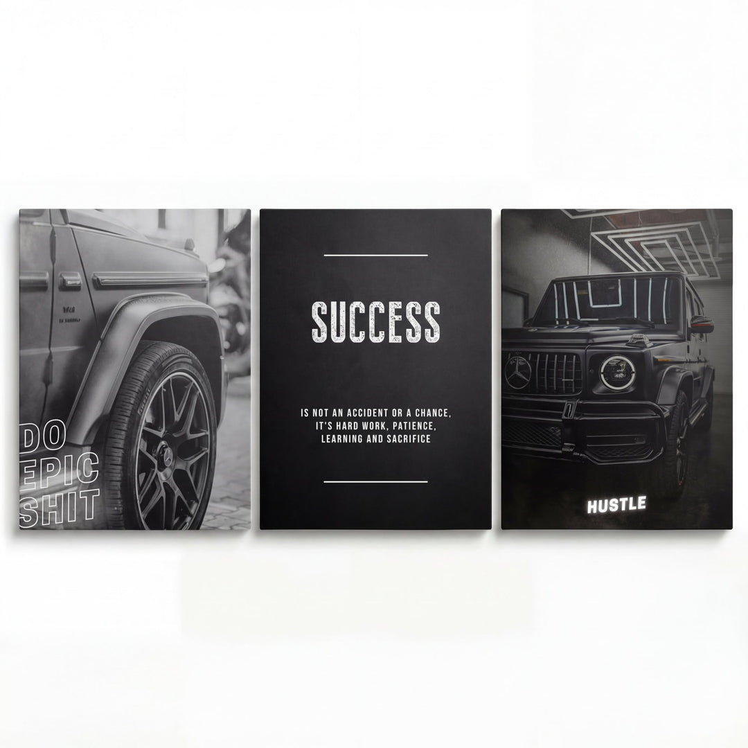 Motivational canvas wall art with an SUV in three panels and white success quotes “Do Epic Shit” and “Hustle”