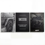 Motivational canvas wall art with an SUV in three panels and white success quotes “Do Epic Shit” and “Hustle”