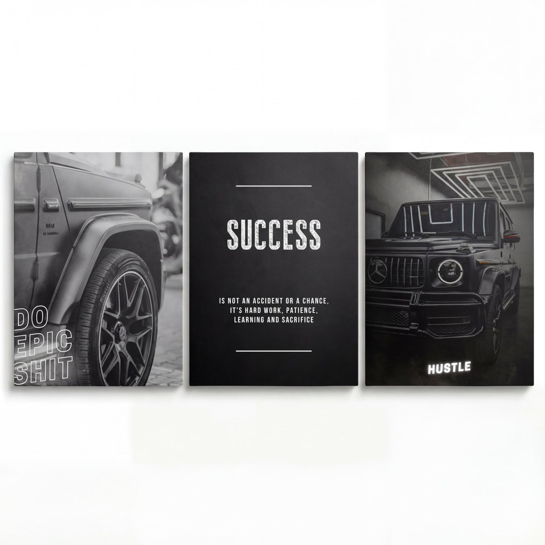 Motivational canvas wall art with an SUV in three panels and white success quotes “Do Epic Shit” and “Hustle”