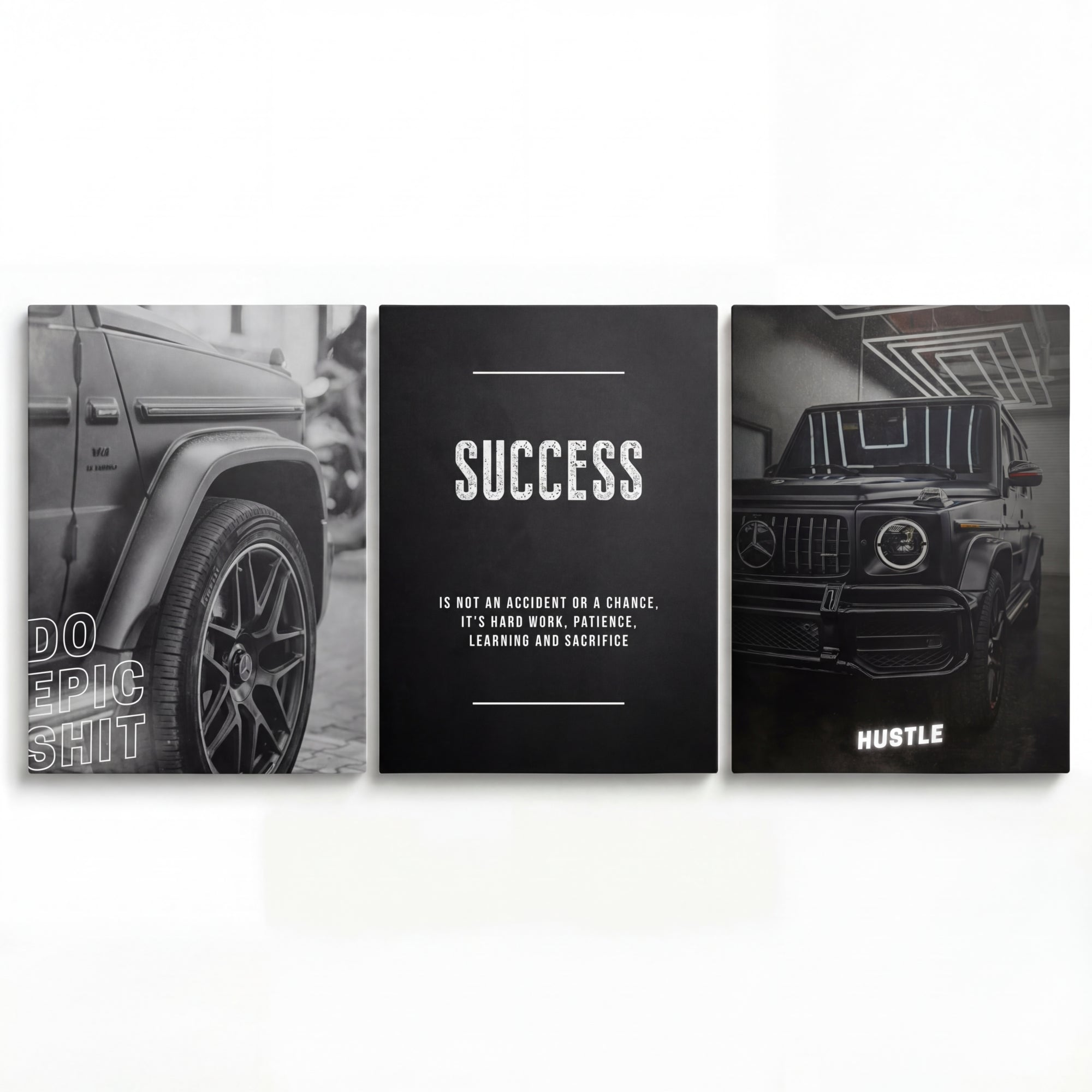 Motivational canvas wall art with an SUV in three panels and white success quotes “Do Epic Shit” and “Hustle”