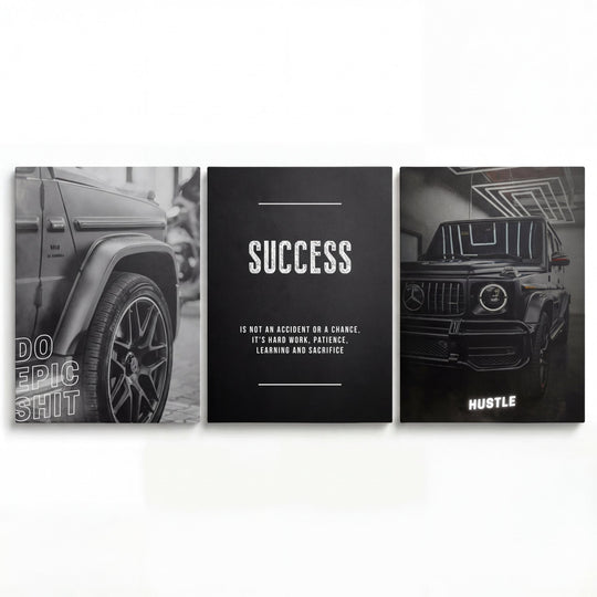Motivational canvas wall art with an SUV in three panels and white success quotes “Do Epic Shit” and “Hustle”
