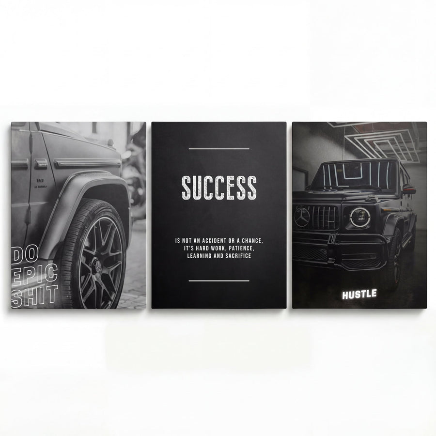 Motivational canvas wall art with an SUV in three panels and white success quotes “Do Epic Shit” and “Hustle”