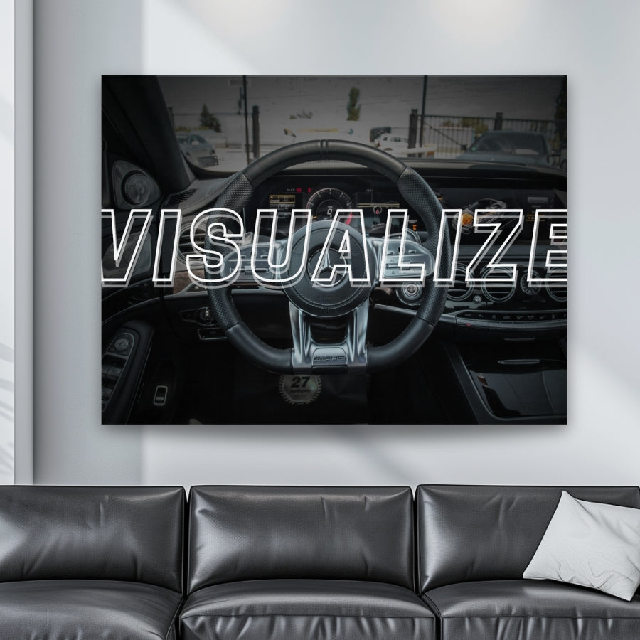 Modern room with motivational wall art featuring a Mercedes AMG steering wheel and English “Visualize” text, a success visualization print by Mindset Walls.