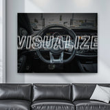 Modern room with motivational wall art featuring a Mercedes AMG steering wheel and English “Visualize” text, a success visualization print by Mindset Walls.