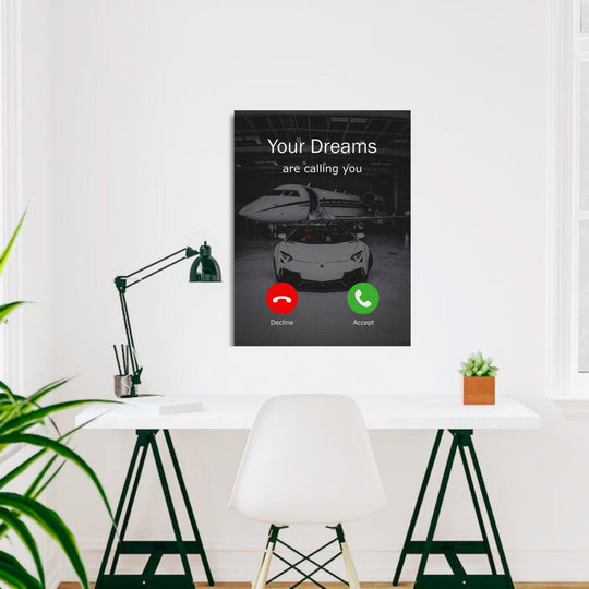 Luxury motivational office wall art with Lamborghini, private jet and inspirational quote.